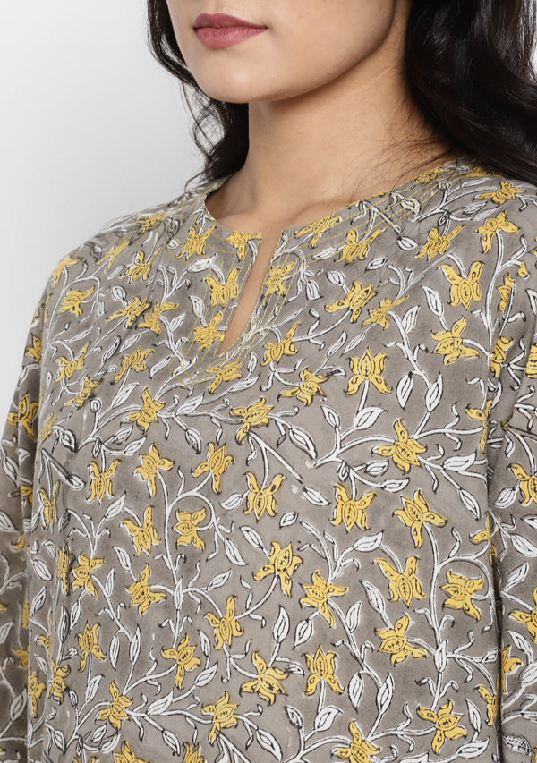 Grey Yellow Hand Block Printed Floral Cotton Night Suit - unidra.myshopify.com