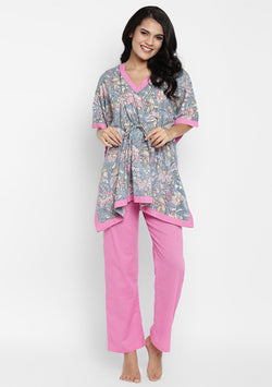 Grey Pink Hand Block Printed Floral Short Kaftan With Pyjamas - unidra.myshopify.com