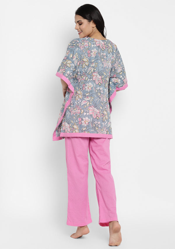 Grey Pink Hand Block Printed Floral Short Kaftan Tunic - unidra.myshopify.com