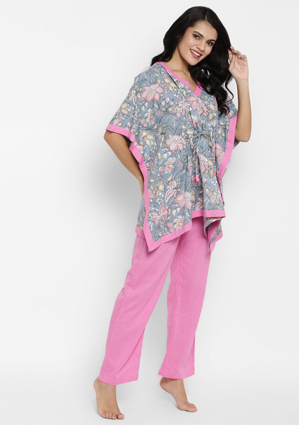 Grey Pink Hand Block Printed Floral Short Kaftan With Pyjamas - unidra.myshopify.com