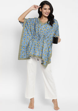 Blue Mustard Hand Block Printed Floral Short Kaftan With Pyjamas - unidra.myshopify.com