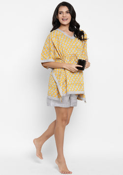 Yellow Ivory Hand Block Printed Short Kaftan with Striped Elasticated Shorts - unidra.myshopify.com