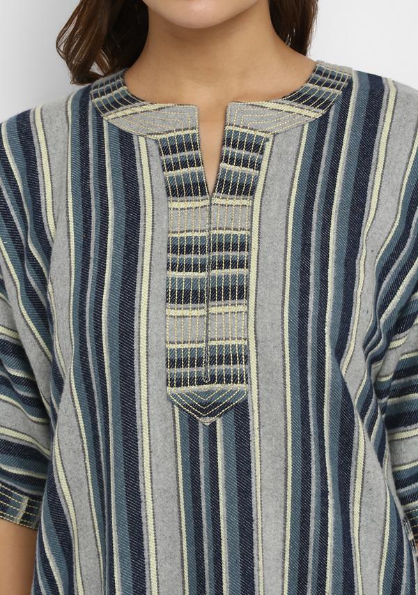 Flannel Blue Grey Striped Nighty Kaftan with Stitch Lines