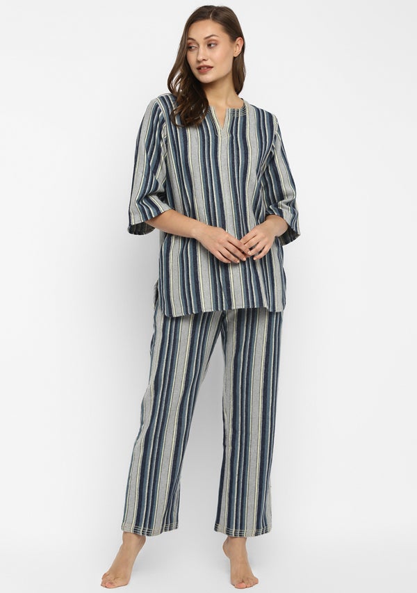 Flannel Blue Grey Striped Night Suit