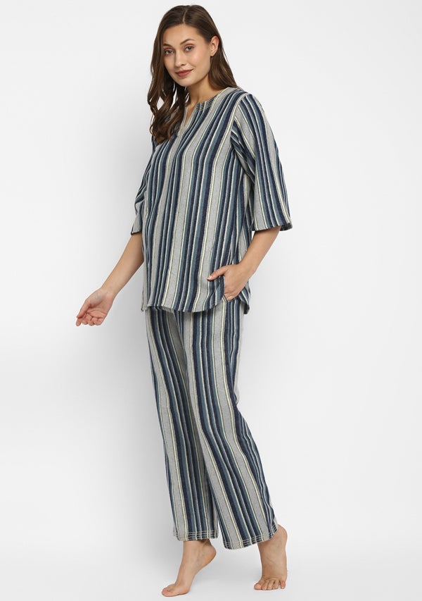 Flannel Blue Grey Striped Night Suit