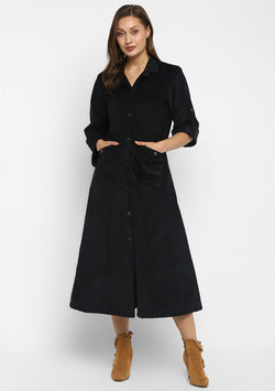 Corduroy Long Black Dress With Pockets and Wooden Buttons