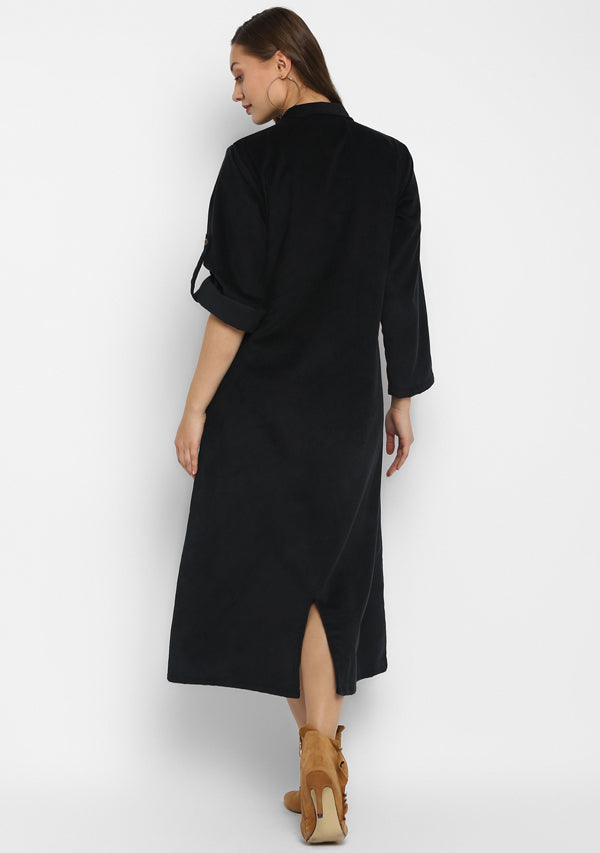 Corduroy Long Black Dress With Pockets and Wooden Buttons