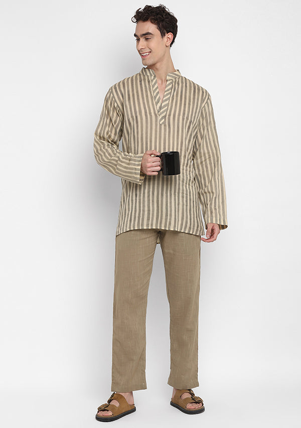Khaki Ivory Striped Hand Block Printed Mulmul Shirt and Pyjamas For Men - unidra.myshopify.com