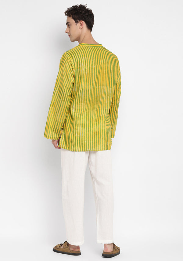 Yellow Green Striped Hand Block Printed Cotton Shirt and Pyjamas For Men - unidra.myshopify.com