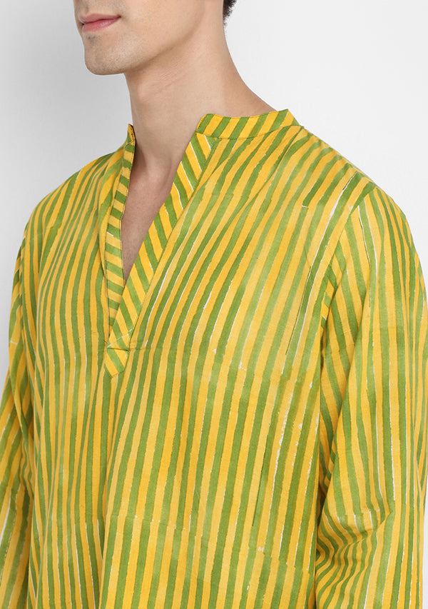 Yellow Green Striped Hand Block Printed Cotton Shirt and Pyjamas For Men - unidra.myshopify.com