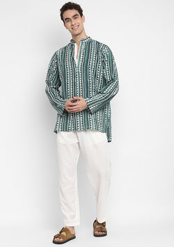 Aqua Green Hand Block Printed Cotton Shirt and Pyjamas For Men - unidra.myshopify.com