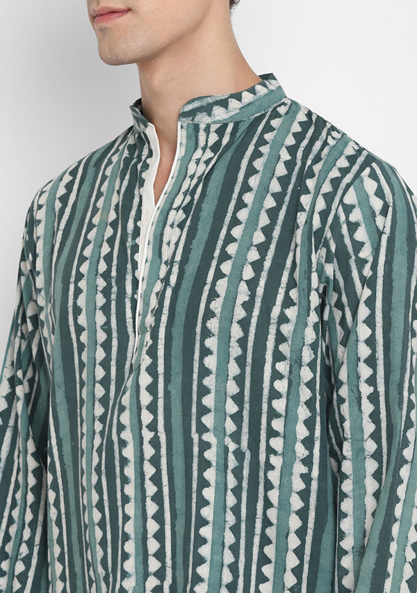 Aqua Green Hand Block Printed Cotton Shirt and Pyjamas For Men - unidra.myshopify.com