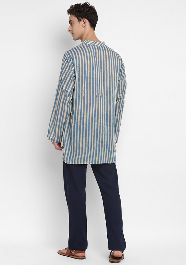 Blue Ivory Hand Block Printed Striped Mulmul Shirt and Pyjamas For Men - unidra.myshopify.com