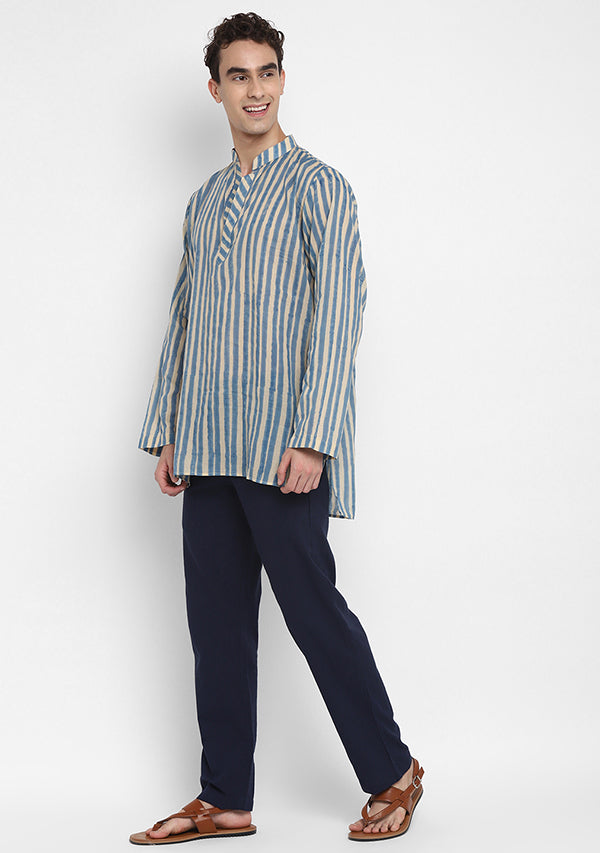 Blue Ivory Hand Block Printed Striped Mulmul Shirt and Pyjamas For Men - unidra.myshopify.com