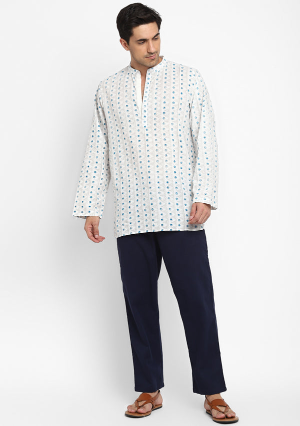 Ivory Blue Hand Block Printed Cotton Shirt and Pyjamas For Men - unidra.myshopify.com