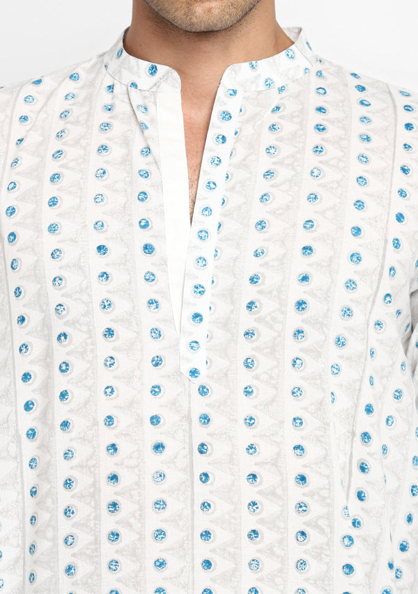 Ivory Blue Hand Block Printed Cotton Shirt and Pyjamas For Men - unidra.myshopify.com