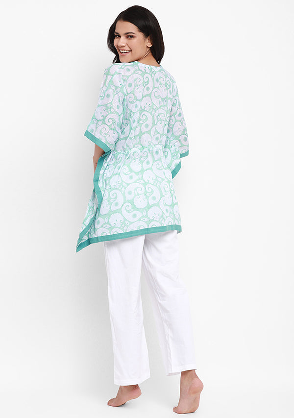 Aqua Ivory Paisley Motif Hand Block Printed Short Kaftan with White Pyjamas - unidra.myshopify.com