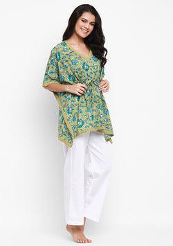 Green Blue Flower Motif Hand Block Printed Short Kaftan with White Pyjamas - unidra.myshopify.com