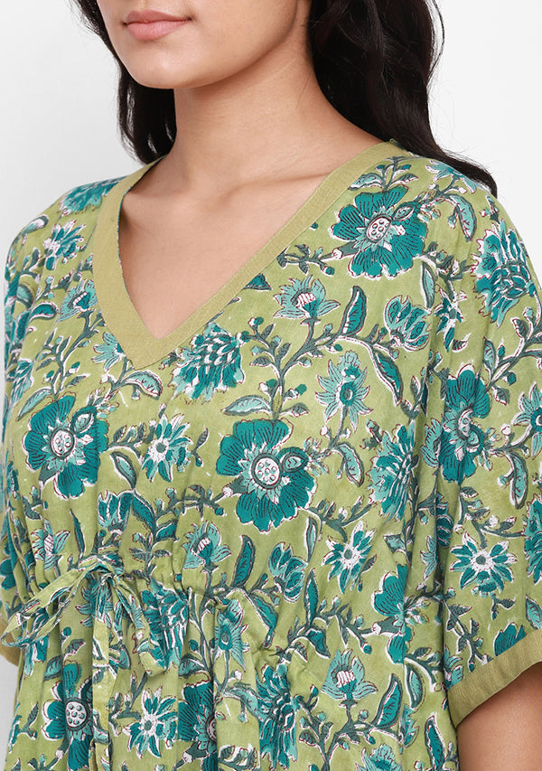 Green Blue Flower Motif Hand Block Printed Short Kaftan with White Pyjamas - unidra.myshopify.com