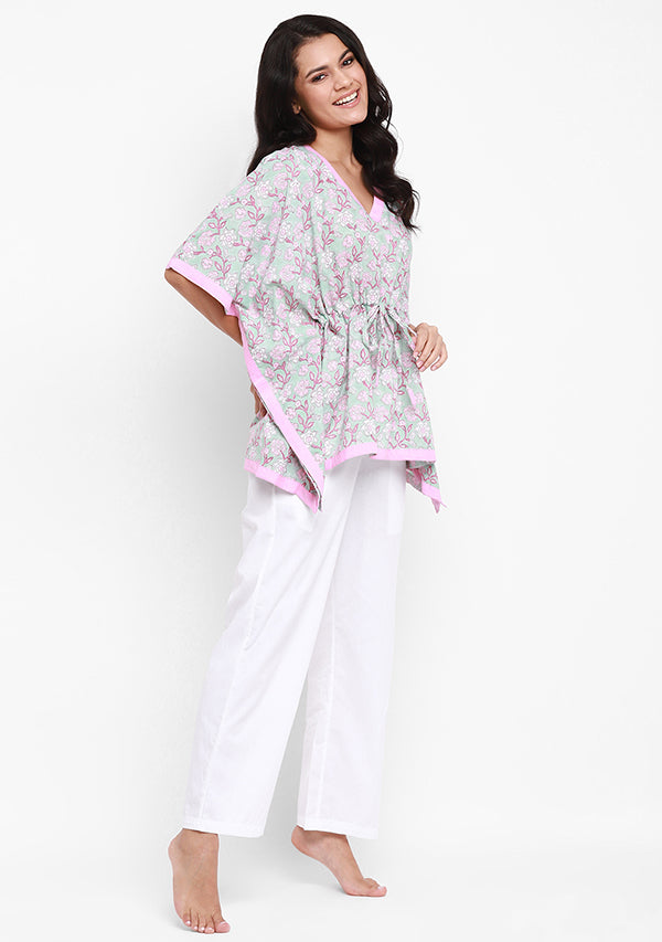 Aqua Pink Flower Motif Hand Block Printed Short Kaftan with White Pyjamas - unidra.myshopify.com