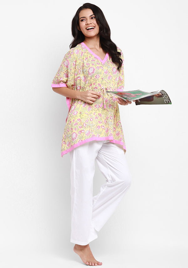 Soft Yellow Pink Floral Hand Block Printed Short Kaftan Tunic - unidra.myshopify.com
