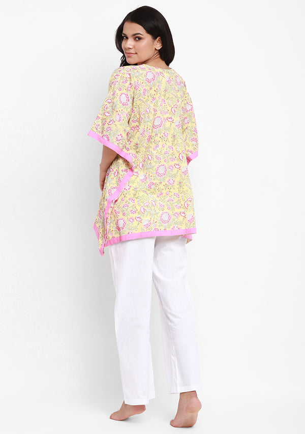 Soft Yellow Pink Flower Motif Hand Block Printed Short Kaftan with White Pyjamas - unidra.myshopify.com