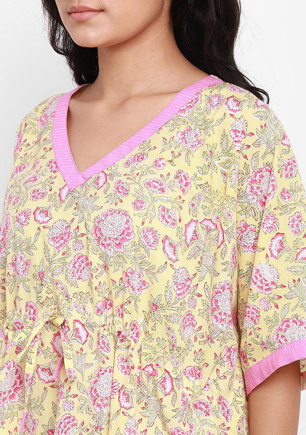 Soft Yellow Pink Flower Motif Hand Block Printed Short Kaftan with White Pyjamas - unidra.myshopify.com