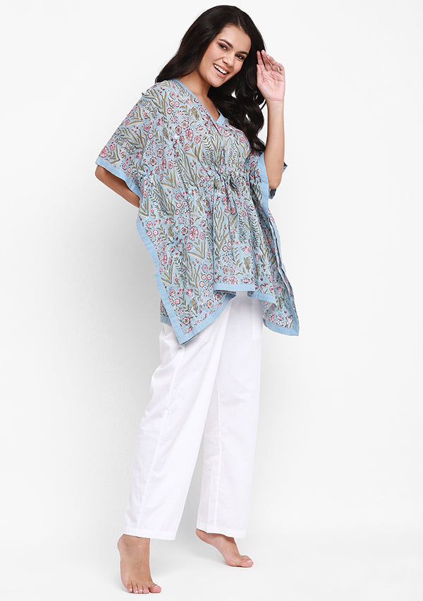 Smoke Blue Maroon Mughal Motif Hand Block Printed Short Kaftan with White Pyjamas - unidra.myshopify.com