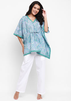 Aqua Grey Floral Hand Block Printed Short Kaftan with White Pyjamas - unidra.myshopify.com