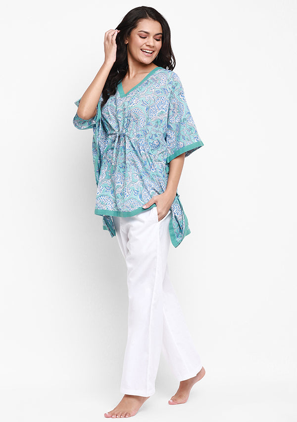 Aqua Grey Floral Hand Block Printed Short Kaftan with White Pyjamas - unidra.myshopify.com