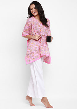 Pink Yellow Floral Hand Block Printed Short Kaftan Tunic - unidra.myshopify.com
