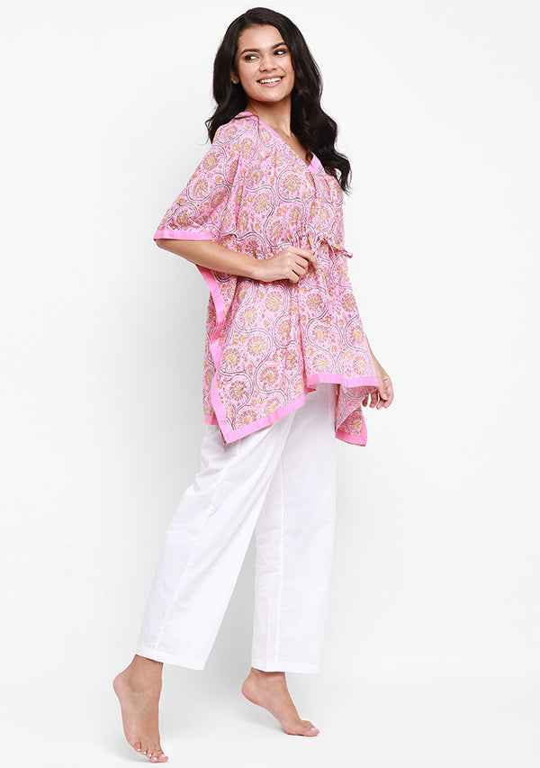 Pink Yellow Floral Hand Block Printed Short Kaftan Tunic - unidra.myshopify.com