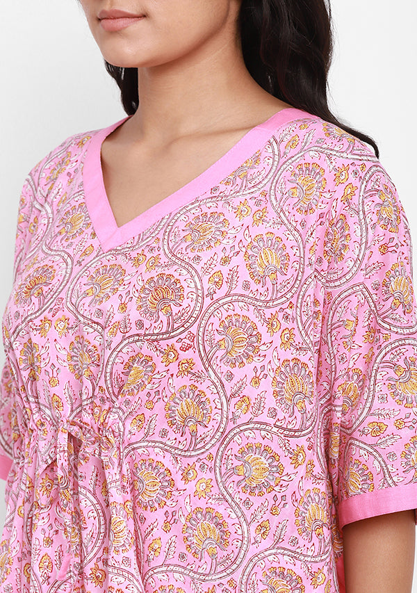 Pink Yellow Floral Hand Block Printed Short Kaftan with White Pyjamas - unidra.myshopify.com
