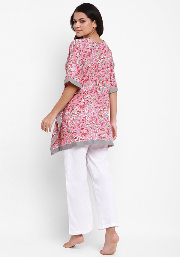 Pink Grey Floral Hand Block Printed Short Kaftan Tunic - unidra.myshopify.com