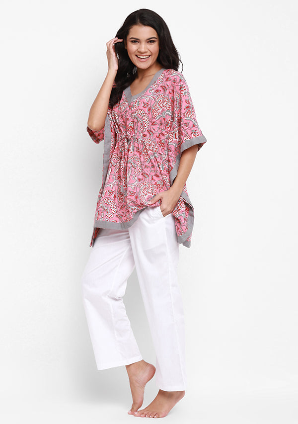 Pink Grey Floral Hand Block Printed Short Kaftan with White Pyjamas - unidra.myshopify.com