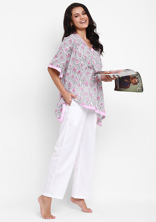 Grey Pink Floral Motif Hand Block Printed Short Kaftan Tunic - unidra.myshopify.com