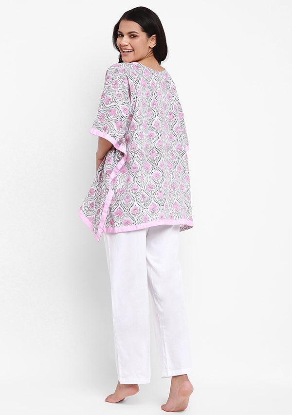 Grey Pink Flower Motif Hand Block Printed Short Kaftan with White Pyjamas - unidra.myshopify.com