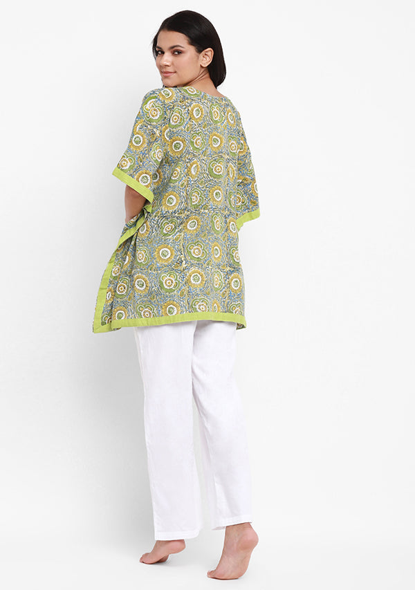 Lime Green Yellow Hand Block Printed Short Kaftan with White Pyjamas - unidra.myshopify.com