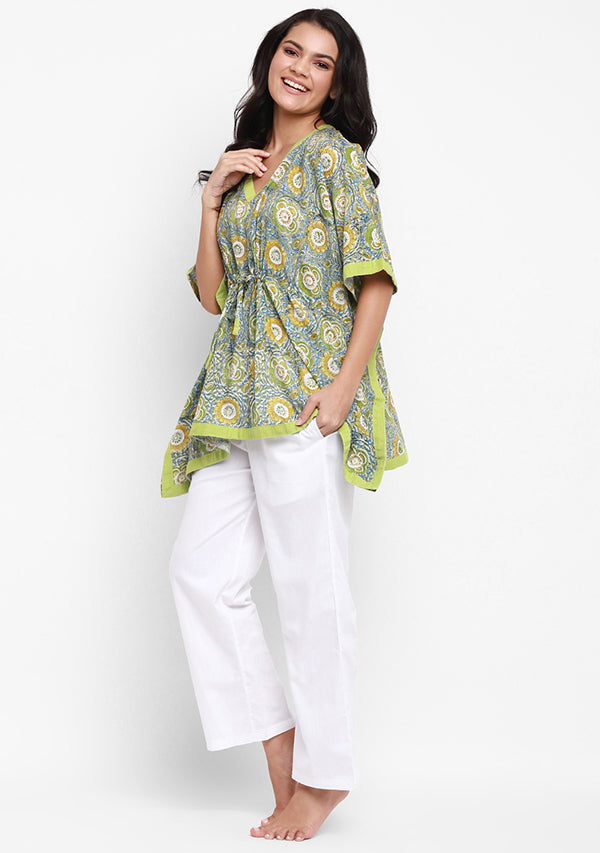 Lime Green Yellow Hand Block Printed Short Kaftan with White Pyjamas - unidra.myshopify.com