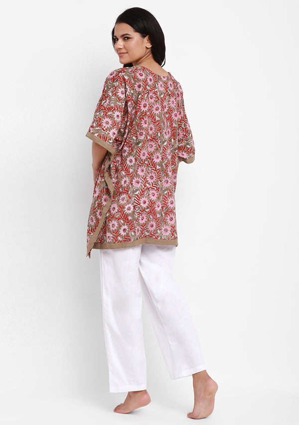 Khaki Pink Floral Hand Block Printed Short Kaftan with White Pyjamas - unidra.myshopify.com