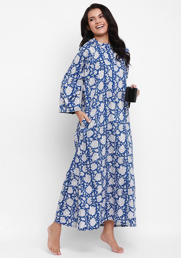 Blue White Floral Hand Block Floral Printed Cotton Night Dress with Long Sleeves - unidra.myshopify.com