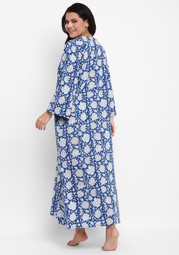 Blue White Floral Hand Block Floral Printed Cotton Night Dress with Long Sleeves - unidra.myshopify.com