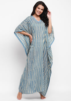 Blue Ivory Striped Hand Block Printed Floral V-Neck Mulmul Kaftan - unidra.myshopify.com