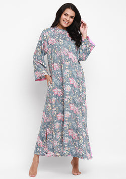 Grey Pink Floral Hand Block Printed Cotton Night Dress With Long Sleeves - unidra.myshopify.com