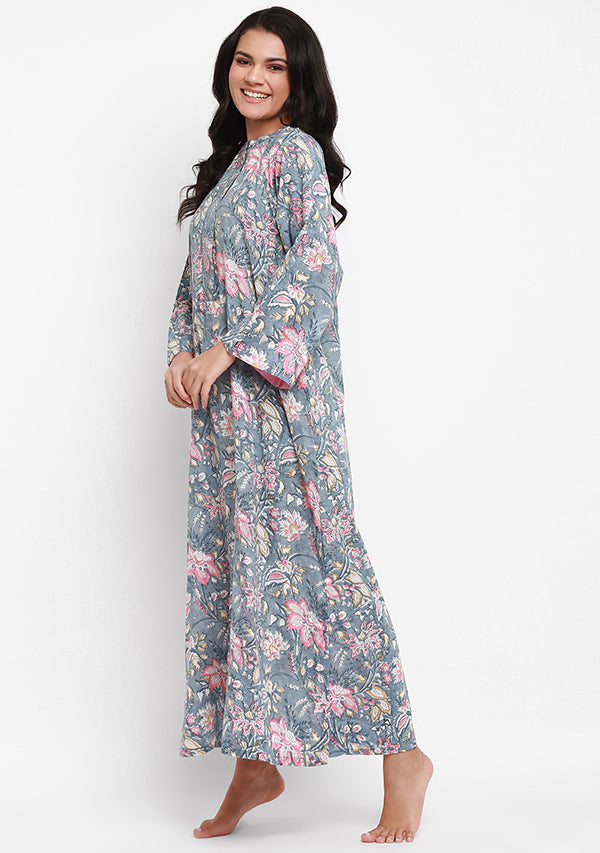 Grey Pink Floral Hand Block Printed Cotton Night Dress With Long Sleeves - unidra.myshopify.com
