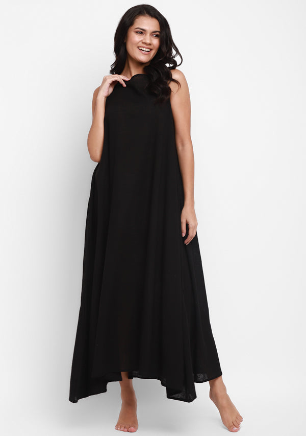 Black Sleeveless A-Line Long Cotton Dress - unidra.myshopify.com