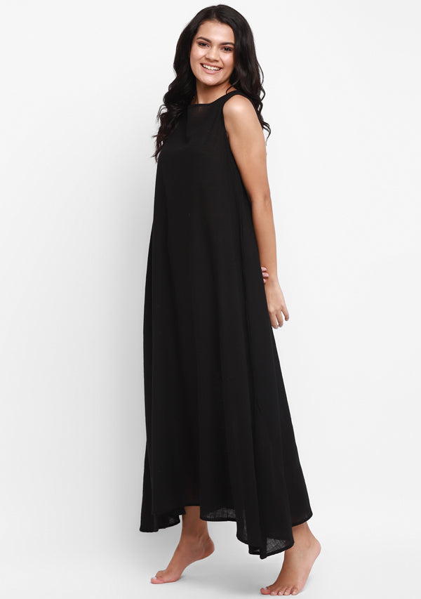 Black Sleeveless A-Line Long Cotton Dress - unidra.myshopify.com