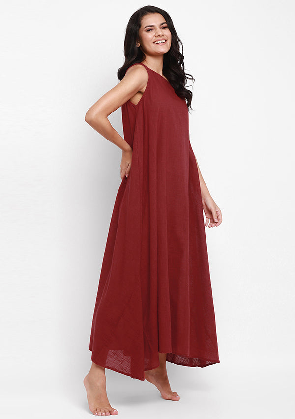 Red Sleeveless A-Line Long Cotton Dress - unidra.myshopify.com