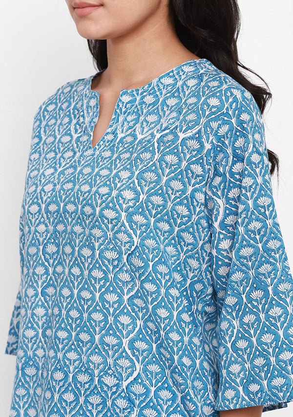 Blue Ivory  Mughal Motif Hand Block Printed Cotton Night Suit - unidra.myshopify.com