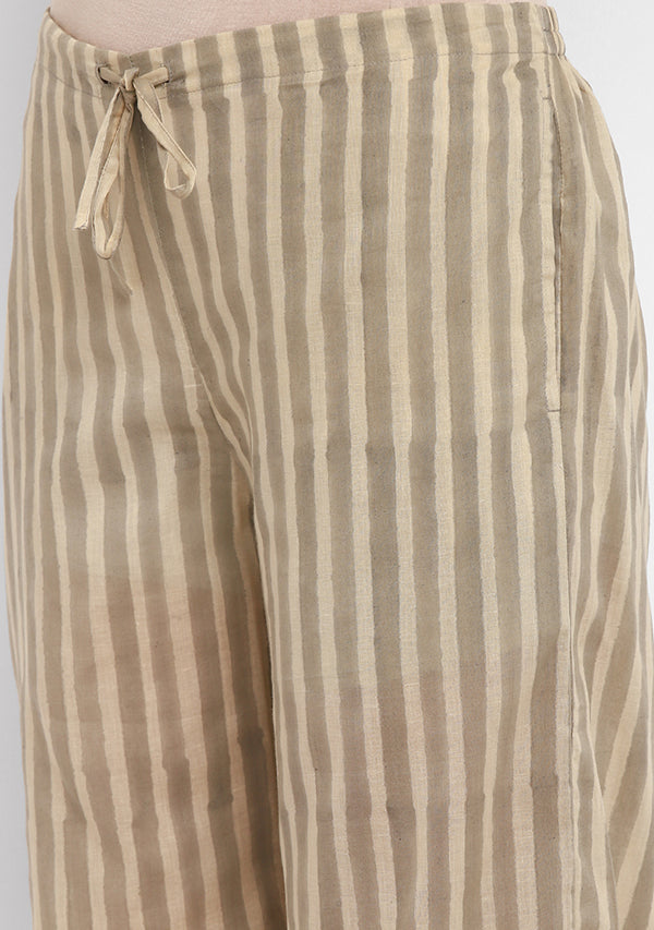 Khaki Ivory Hand Block Printed Striped Mulmul Night Suit - unidra.myshopify.com